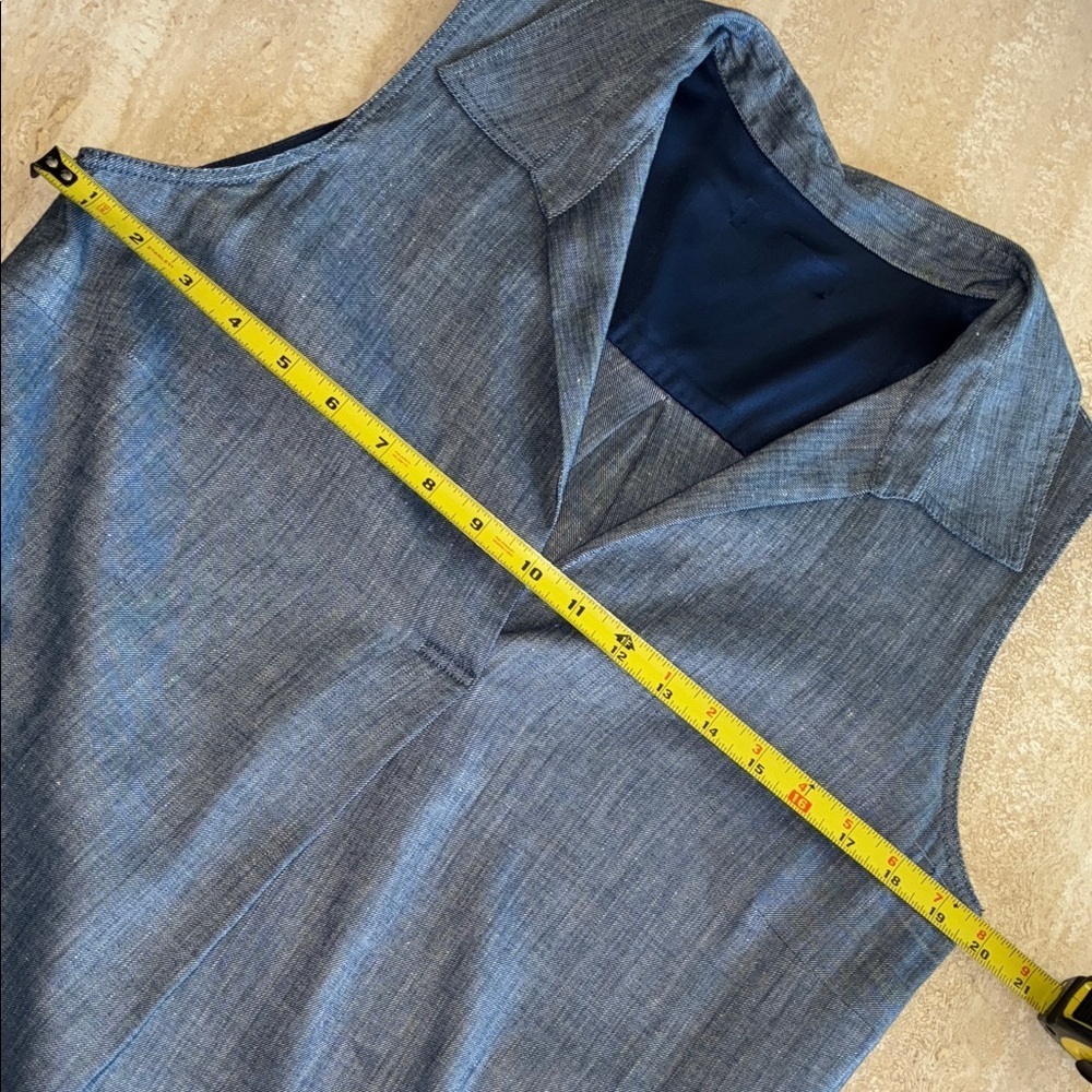 BEAUTIFUL Lustrous Blue Linen Dress, Sleeveless Pockets, Belt, Side Slits L EUC - Picture 13 of 16